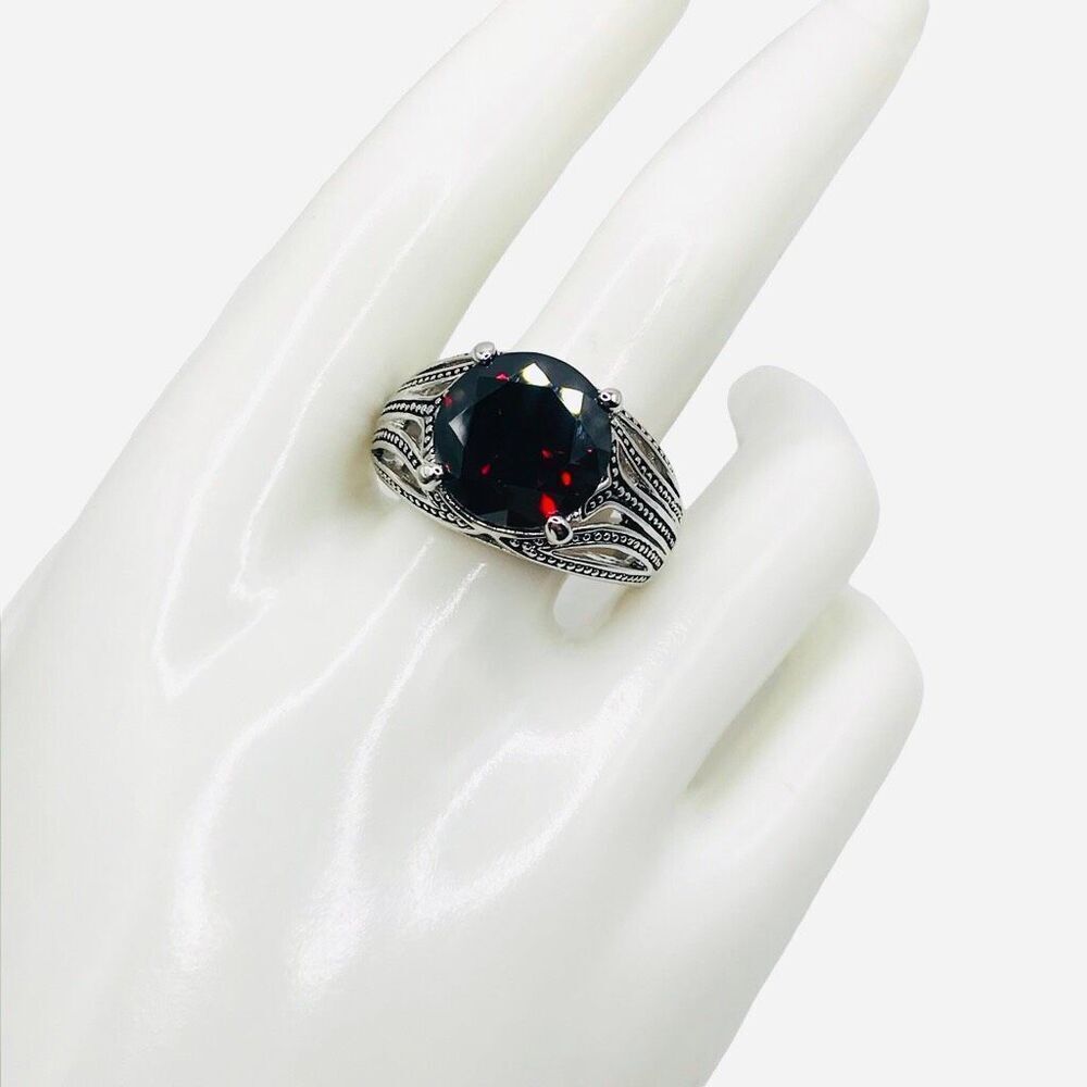 Premier Designs Red Statement Ring, Large Round Gemstone Silver Tone Band, Vint